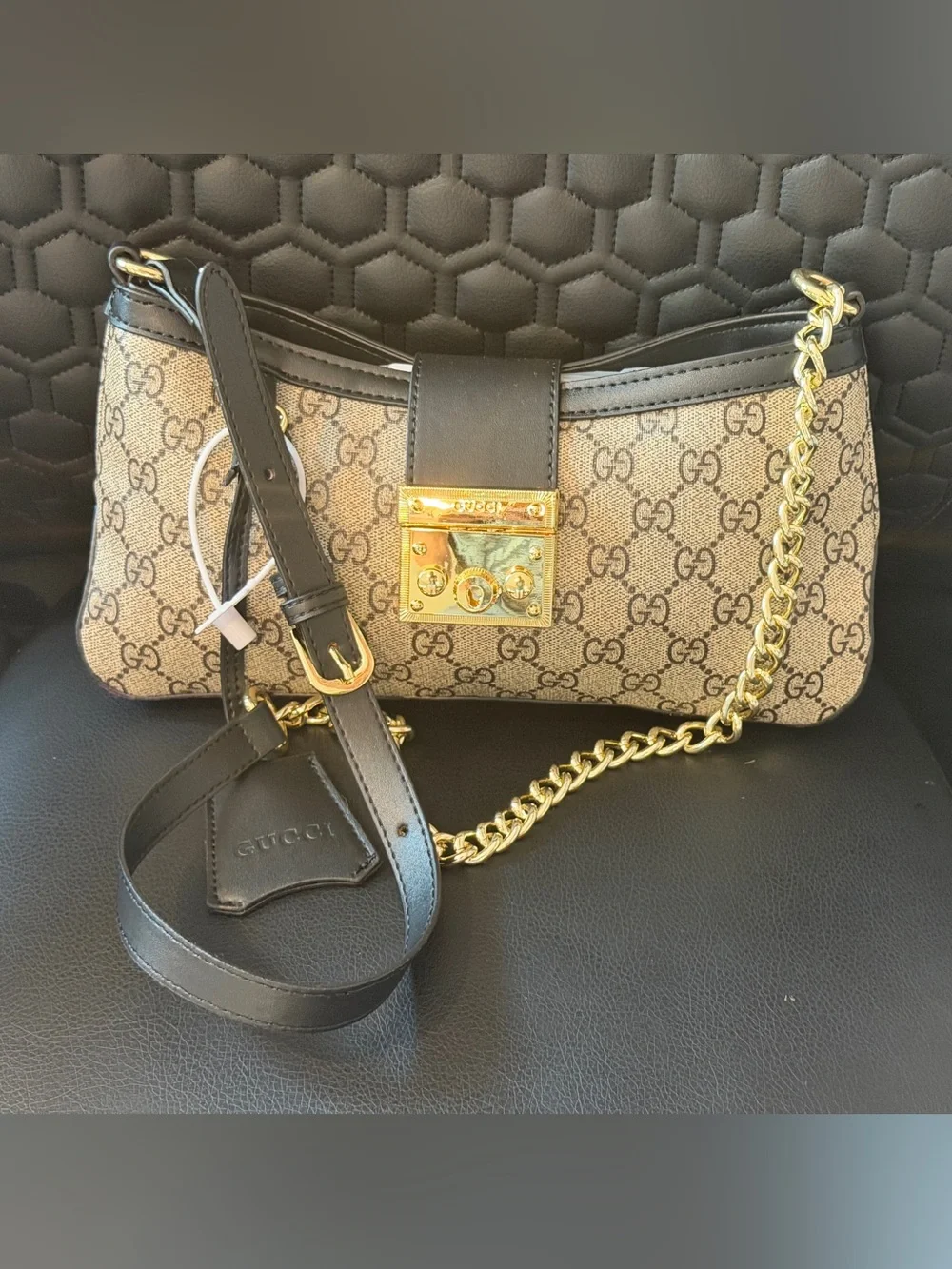 Gucci STYLE Monogram GG Canvas Shoulder Bag with Black Leather and Gold Chain